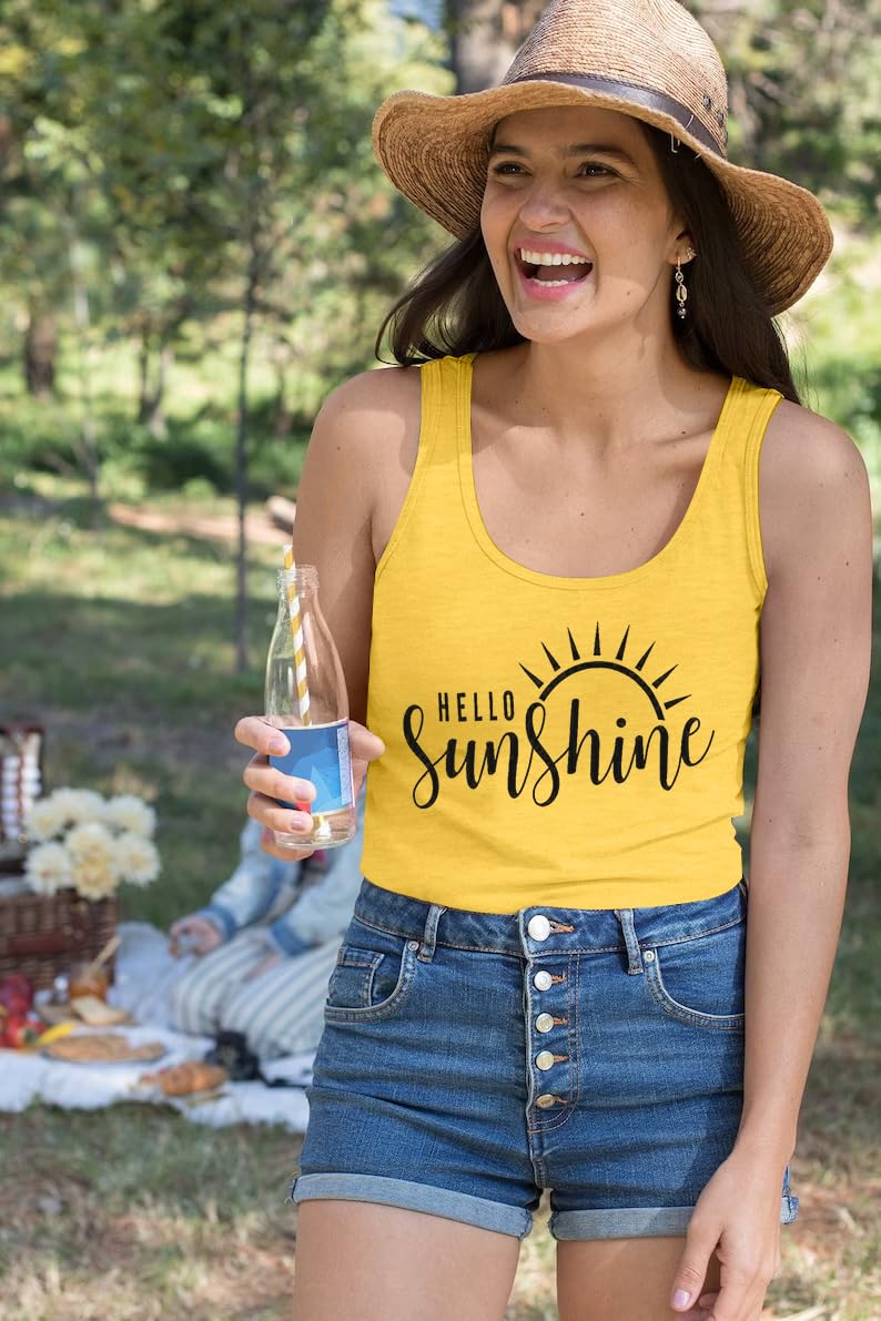 UNIQUEONE Hello Sunshine Women's Sleeveless Graphic Tank Tops, Yellow, Large - Image 4